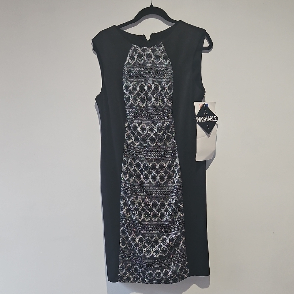 R & M Richards Black and Silver Patterned Mini Dress